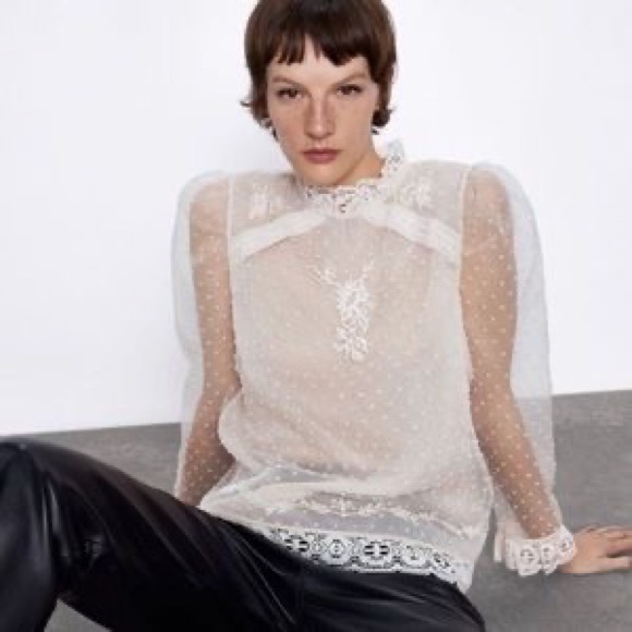 Zara Sheer White Lace Blouse - Picture 1 of 7